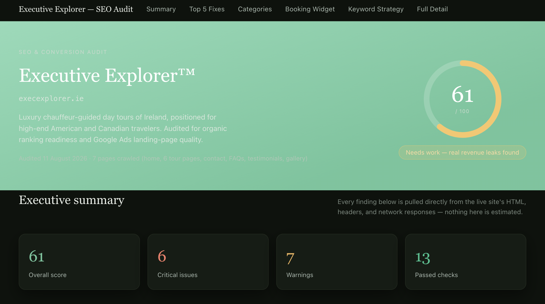 Executive Explorer SEO audit: overall score 61/100, 6 critical issues, 7 warnings, 13 passed checks