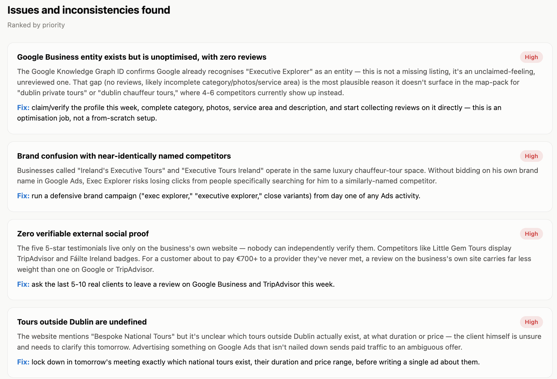 Issues and inconsistencies found, ranked by priority, with high-priority fixes for Google Business, brand confusion, social proof and undefined tour pricing